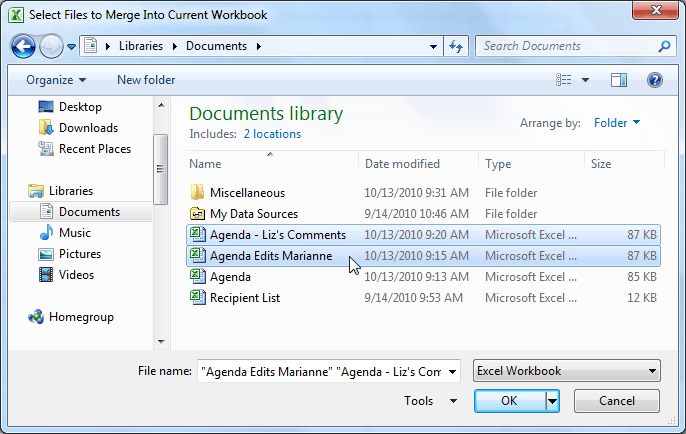Selecting files to merge into the current workbook