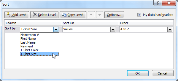 Selecting a column to sort by