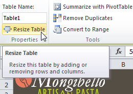 Resize Table command