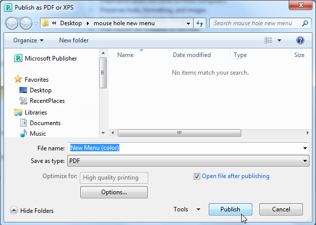The Publish as PDF or XPS dialog box