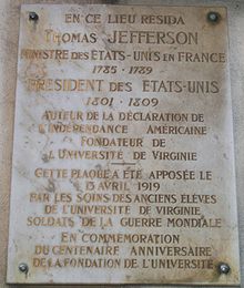 Memorial plaque on the Champs-Élysées, Paris, France, marking where Jefferson lived while U.S. Minister to France.